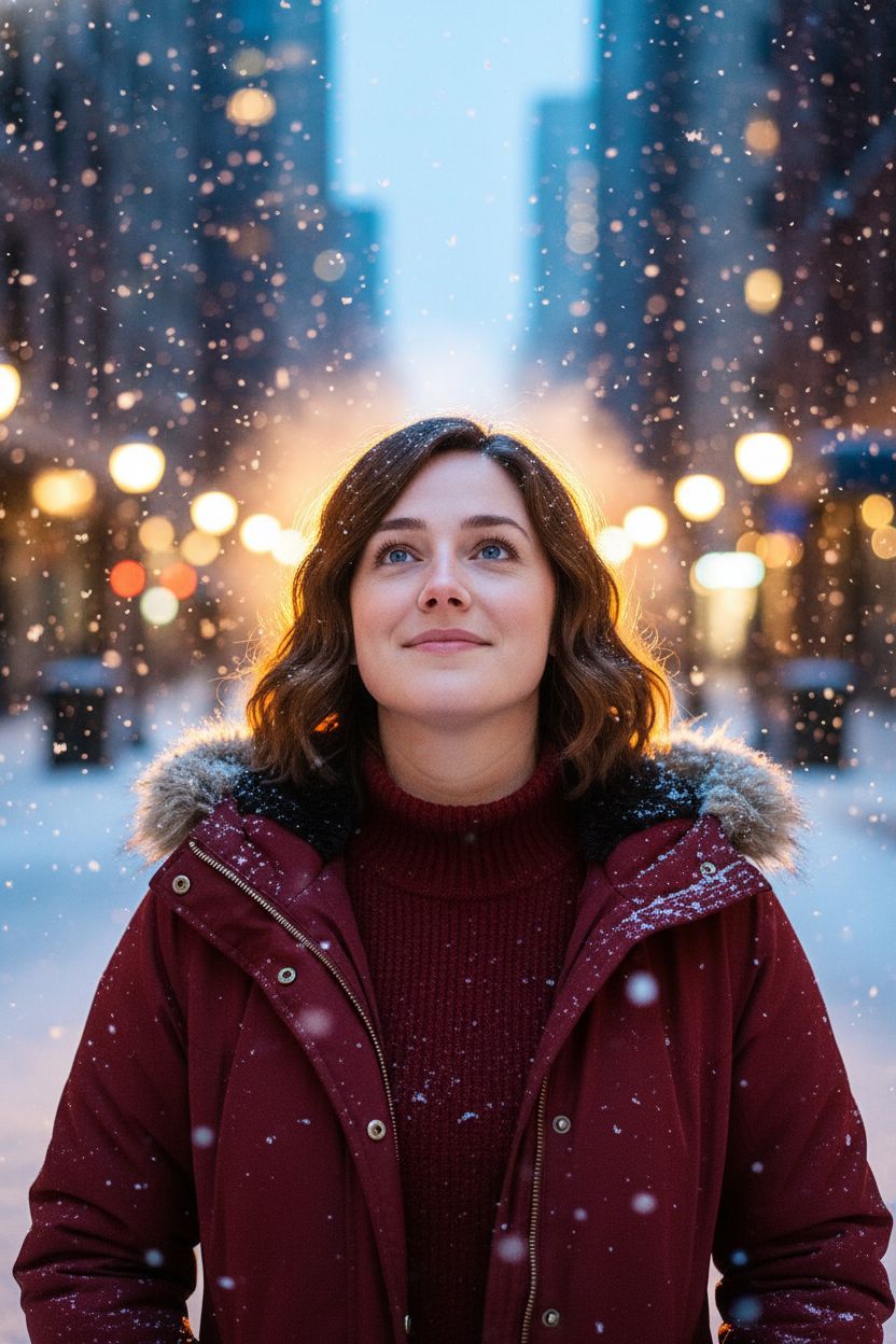 The uploaded woman looking up as snow falls amidst...