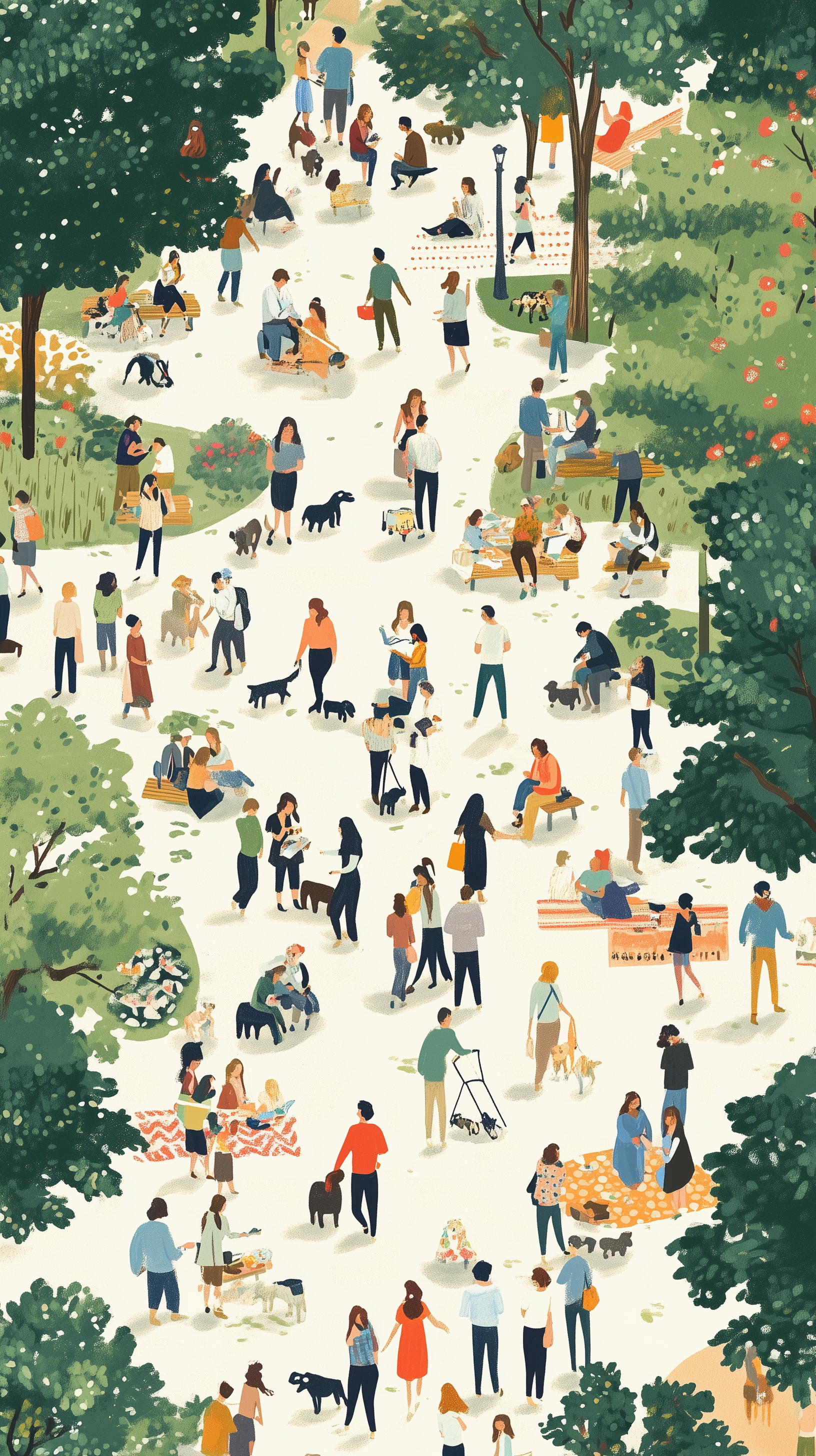image of a bustling urban park scene viewed from above