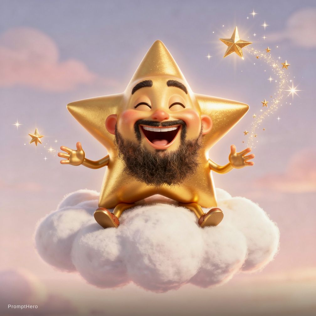 Whimsical 3D animation of a glowing golden star c...