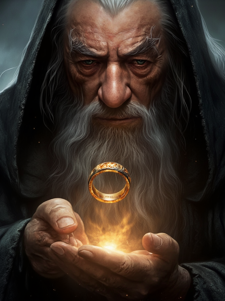 A hyperrealistic close-up,half-figure portrait of Gandalf the Grey