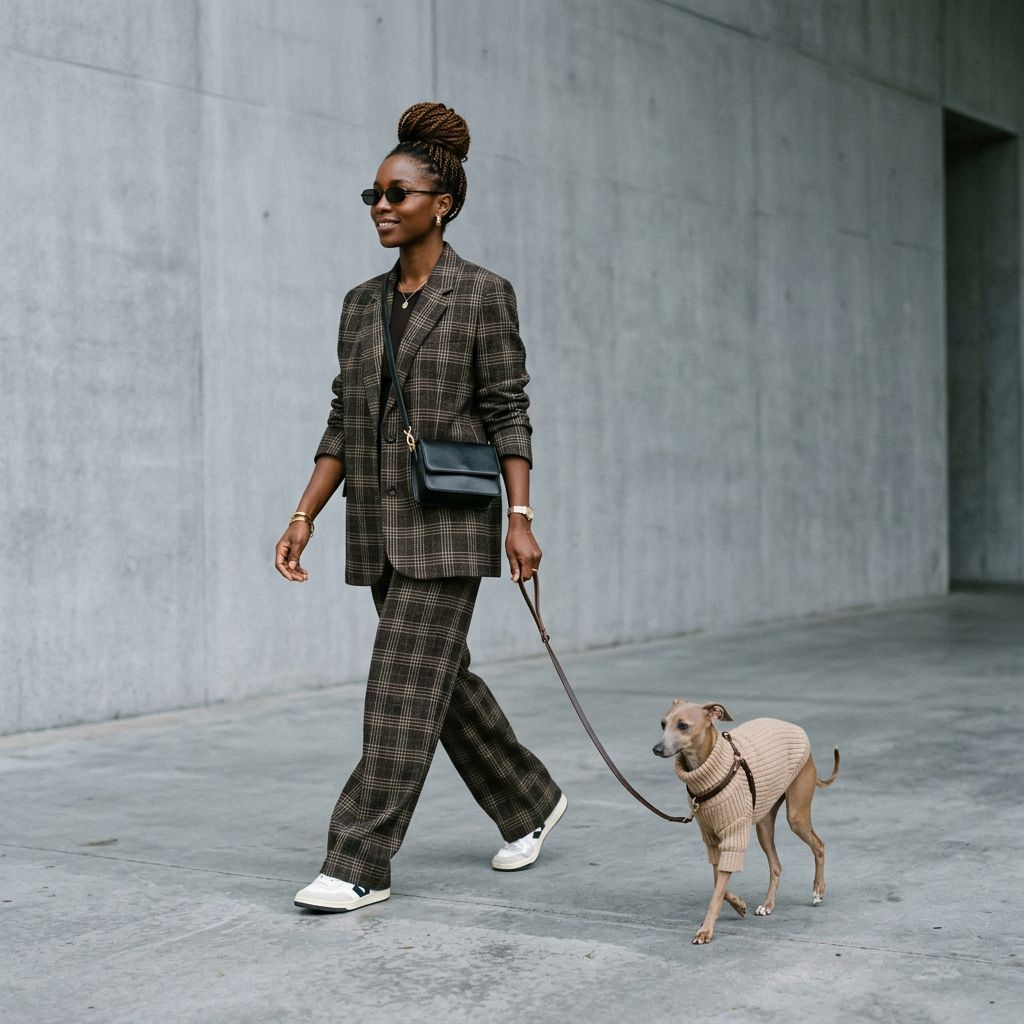 Chic dark-brown-skinned woman in oversized plaid s...