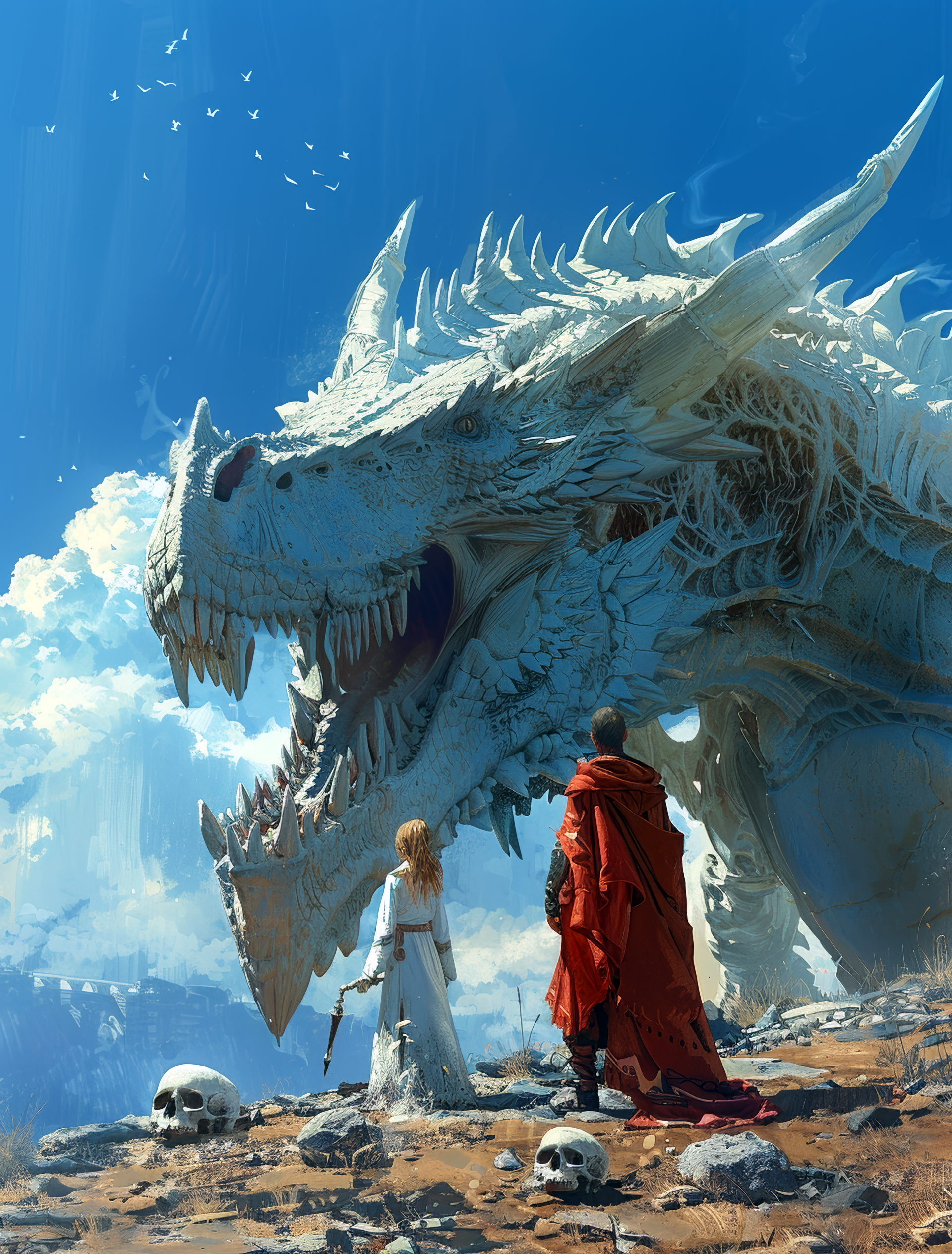 two people are standing under a dragon watching other skull