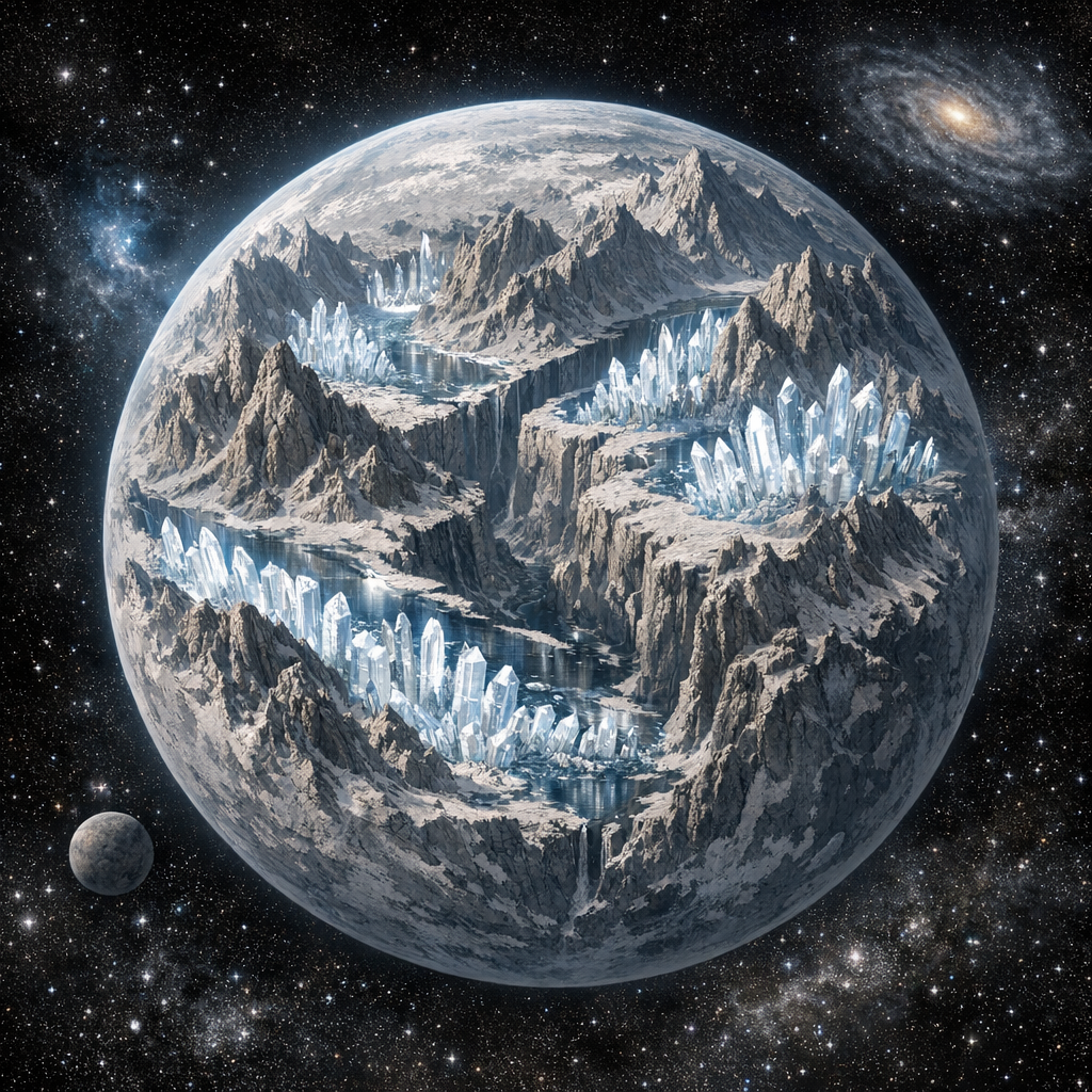 A light grey planet with valleys of smooth clear crystal