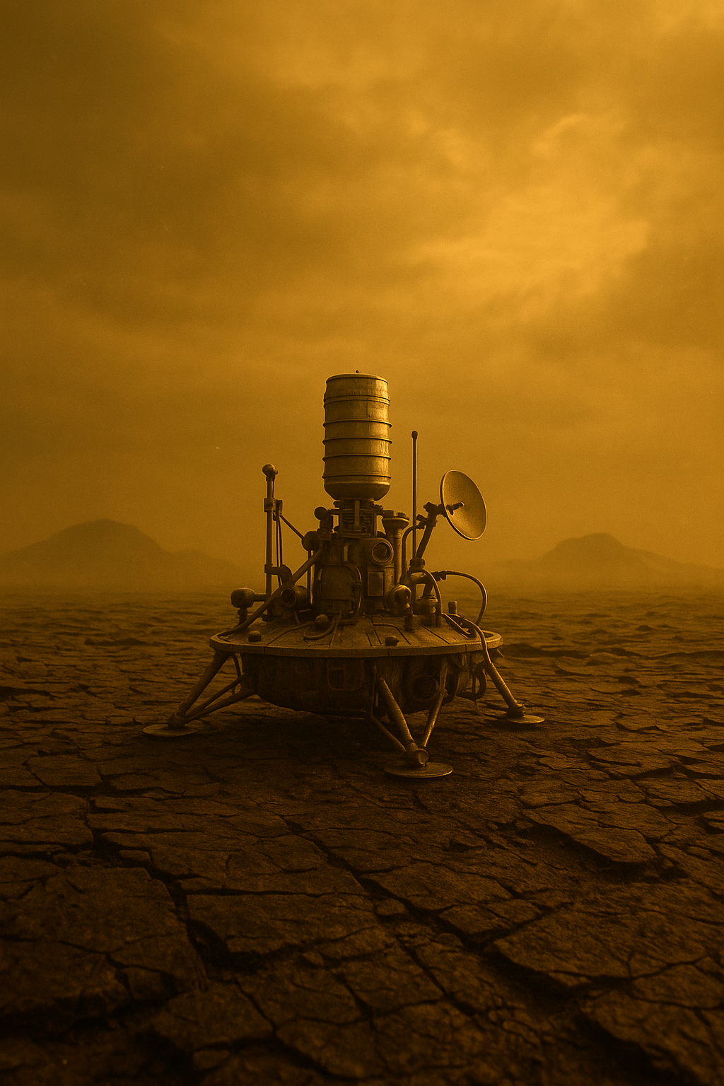 A lone Soviet Venera lander rests on the cracked