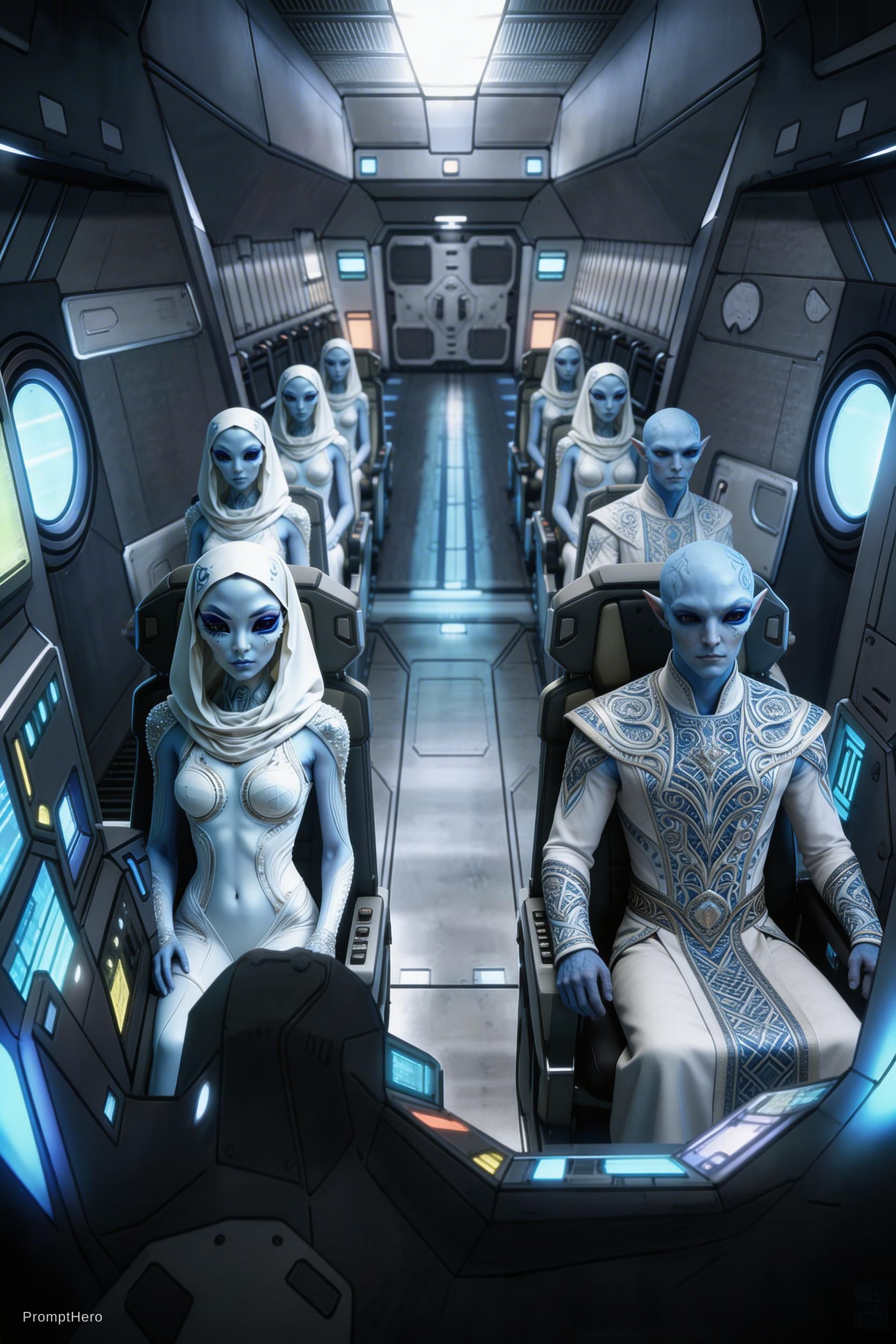 Sci-Fi scene. Place the blue alien in the left sea...
