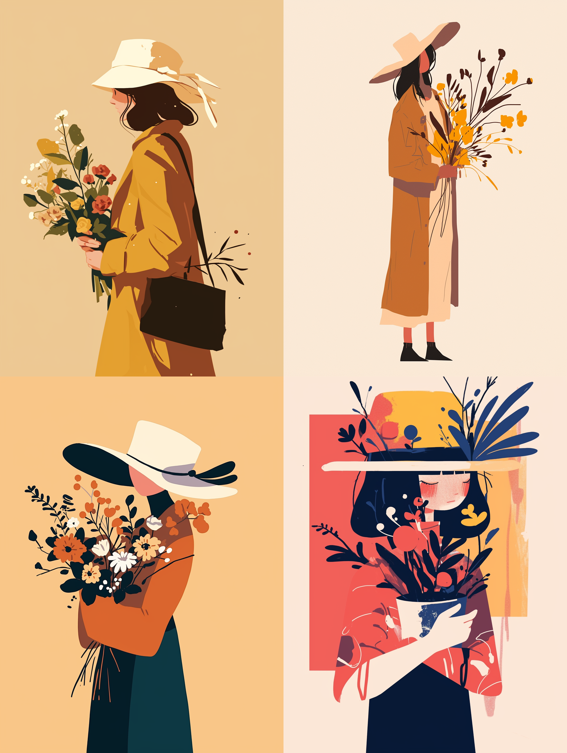A flat illustration of a girl wearing a hat and holding flowers