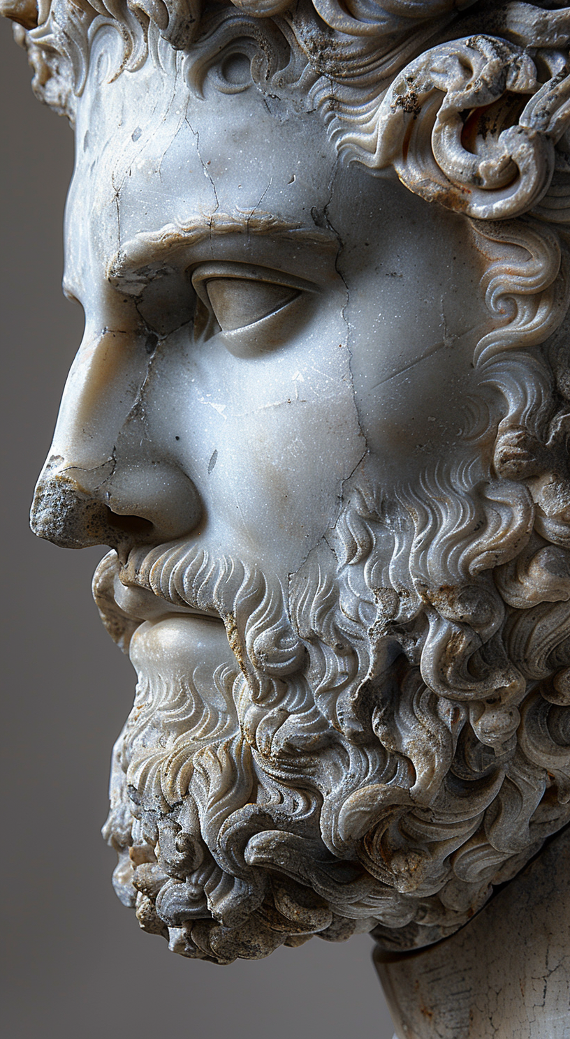 greek sculpture, head of Hadrian, close up, grey b...