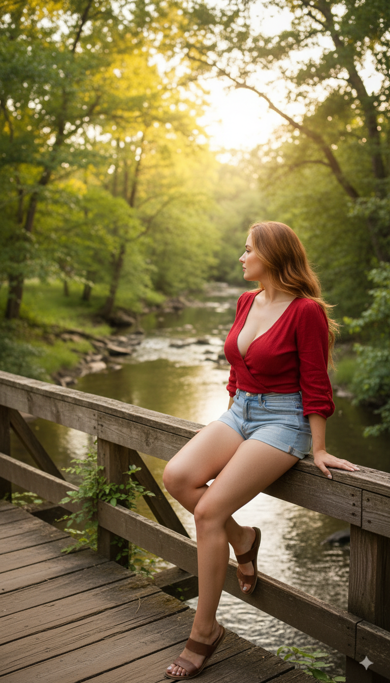 A woman sits on the railing of a bridge overlookin...