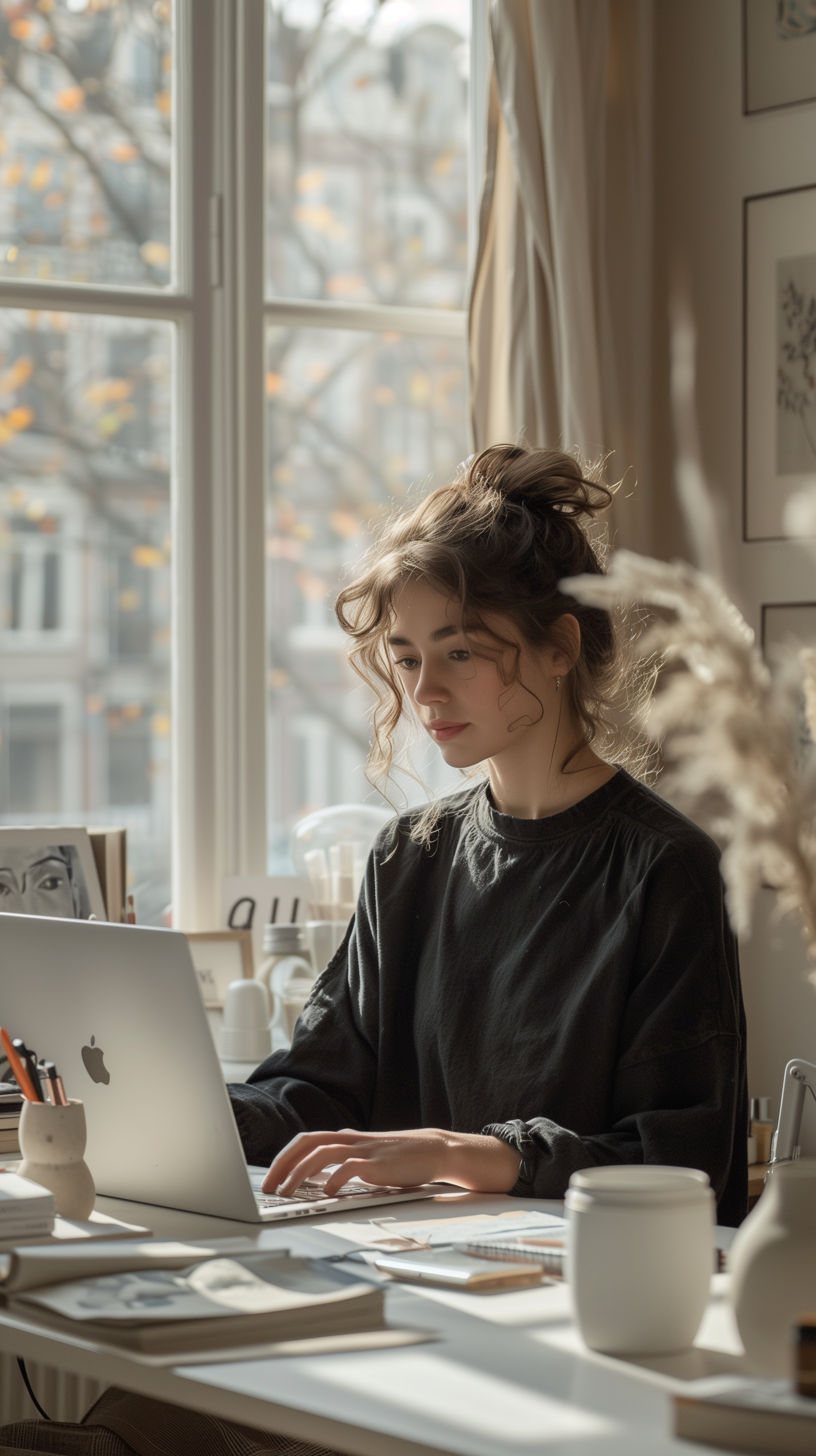 minimalist workspace,focused designer woman at a white desk