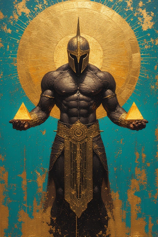 Divine dark warrior standing under a radiant golden sun