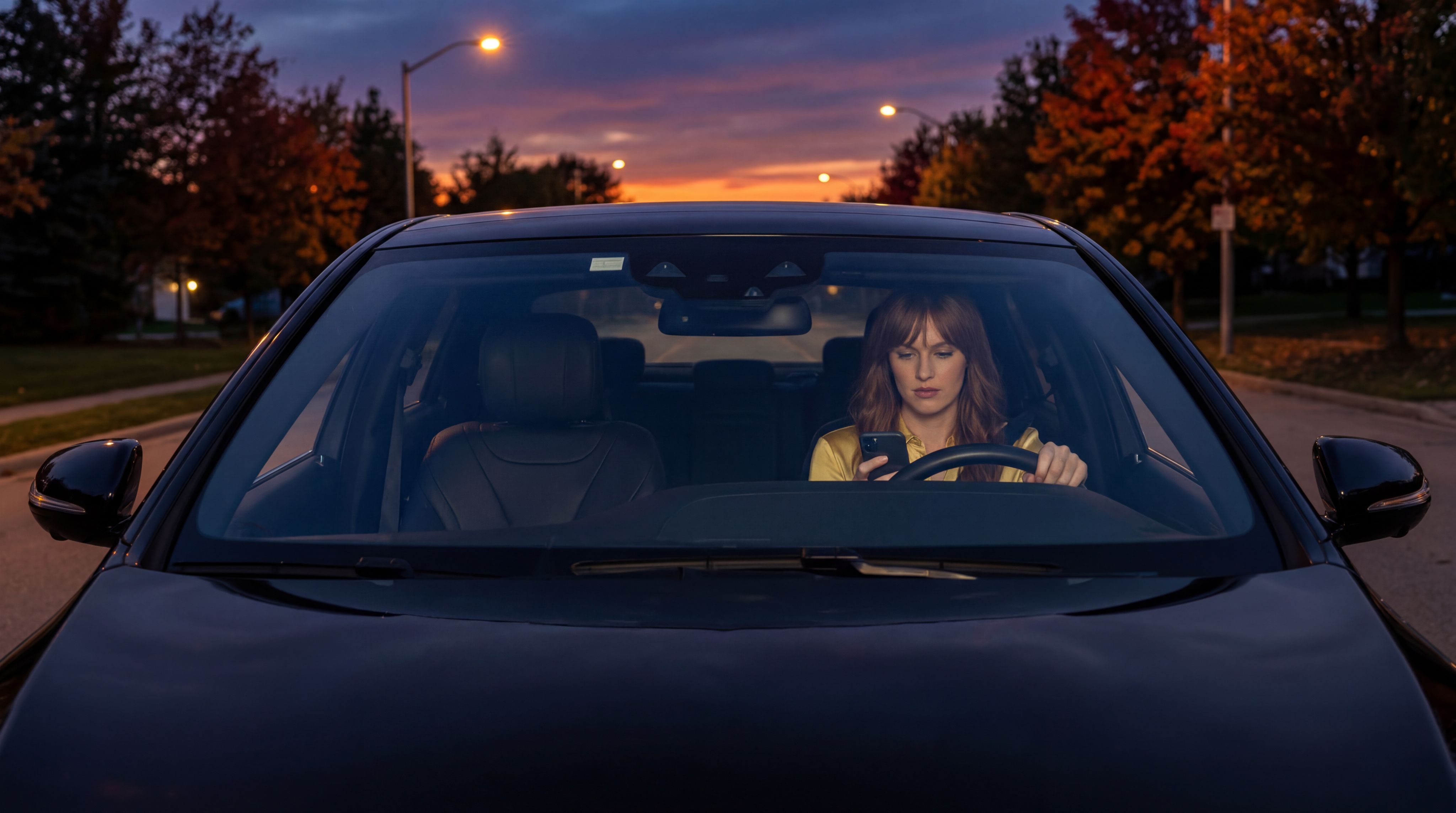 At almost dawn in a Autumn evening. The woman is d...