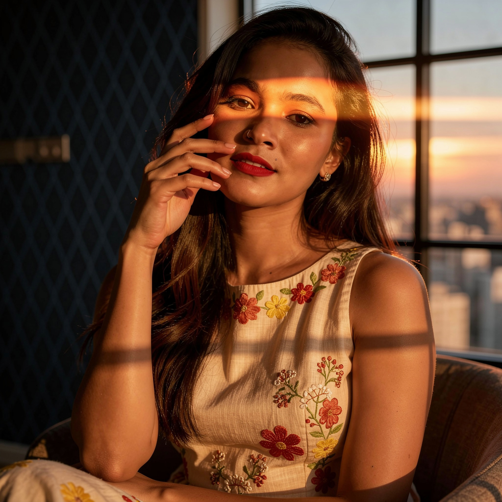 A cinematic photorealistic boudoir portrait of a b...