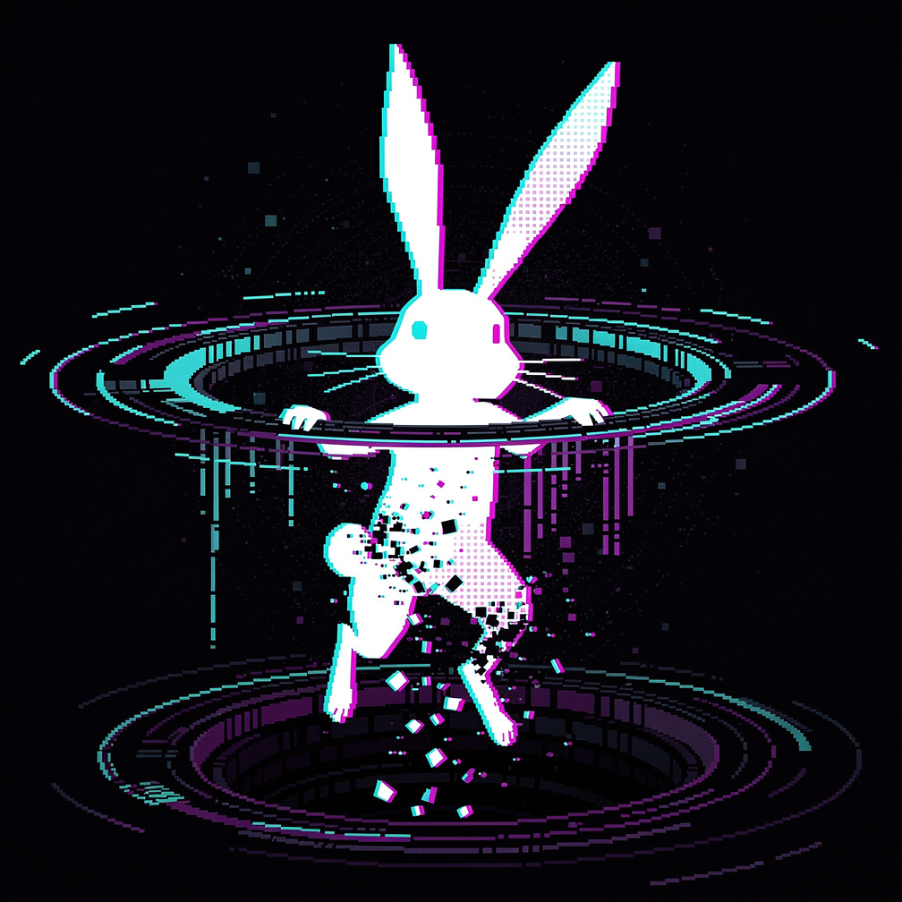 white rabbit style cyberpunk silhouette escaping f...