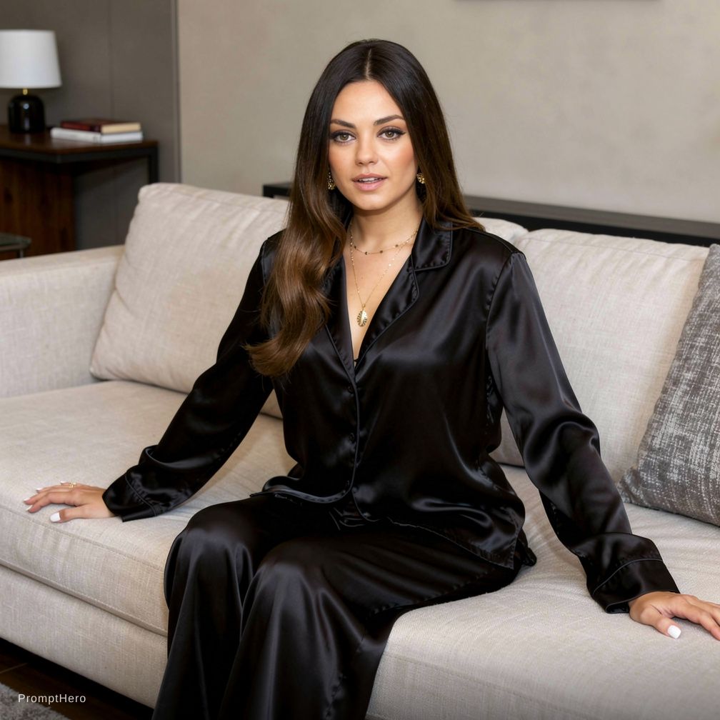 Sitting on couch wearing black silk night gown wit...
