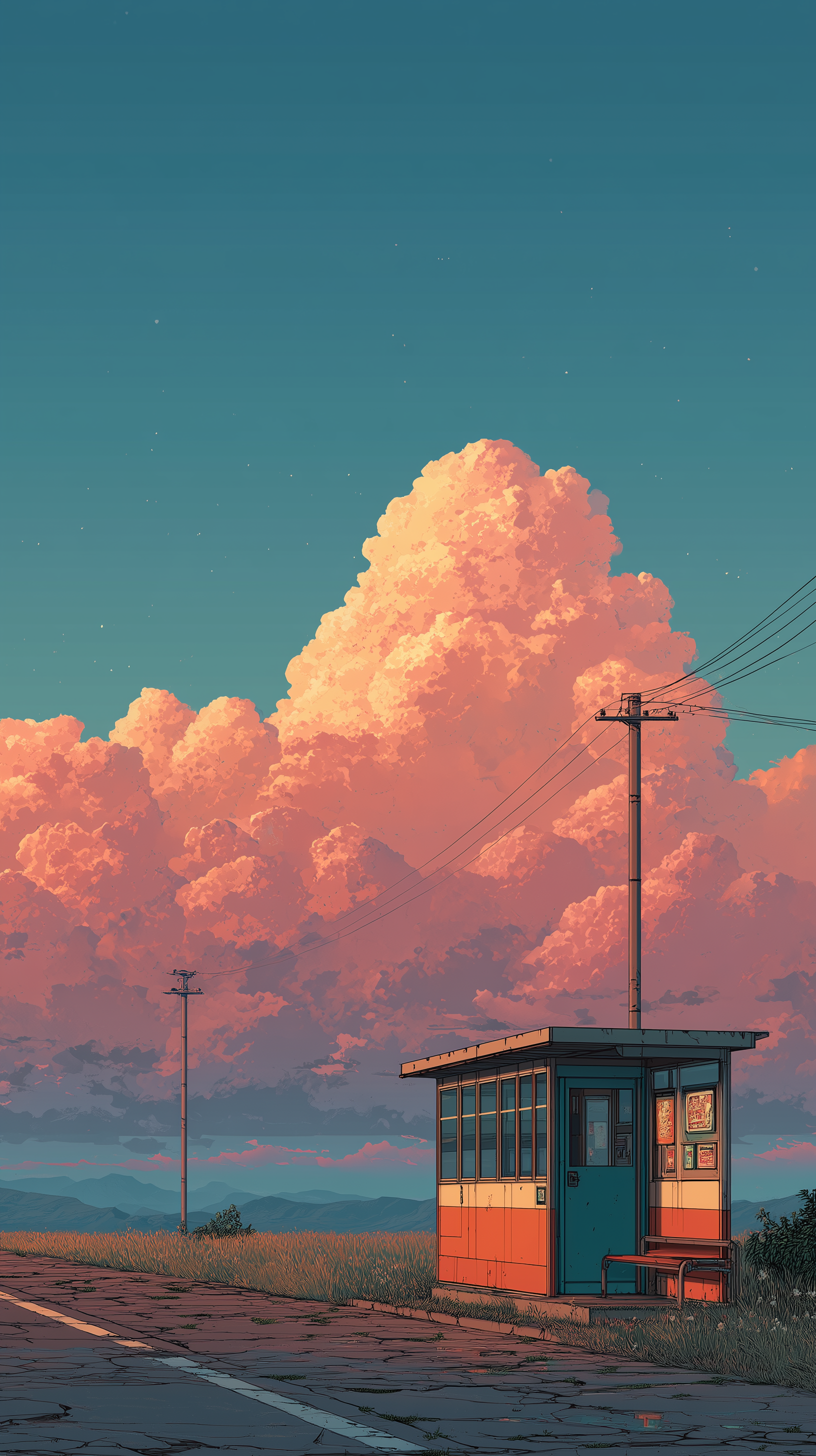 illustration art, nostalgic, wide low-angle, small...