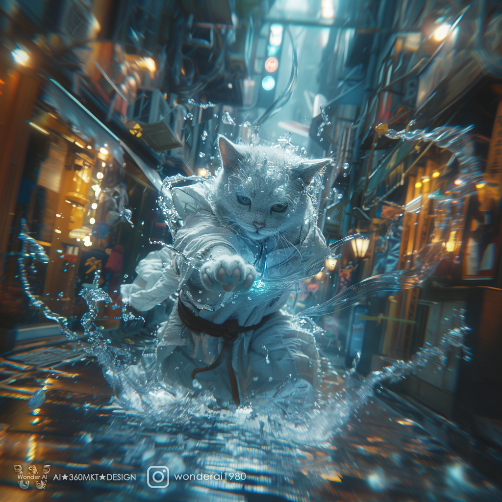an anthropomorphic cat wearing white linen is depicted in an action pose