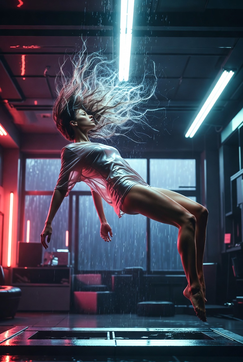 A young athletic woman levitates in a futuristic h...
