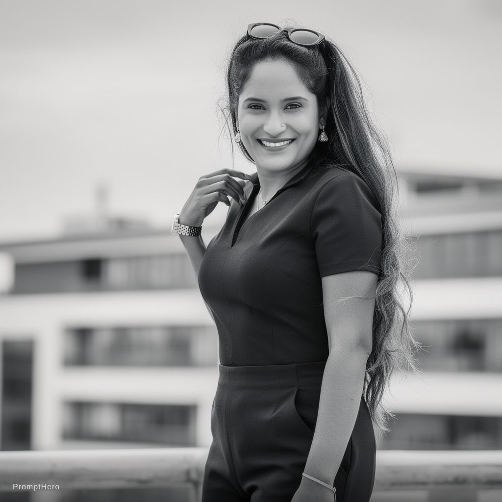 A confident woman with long hair, wearing a black ...