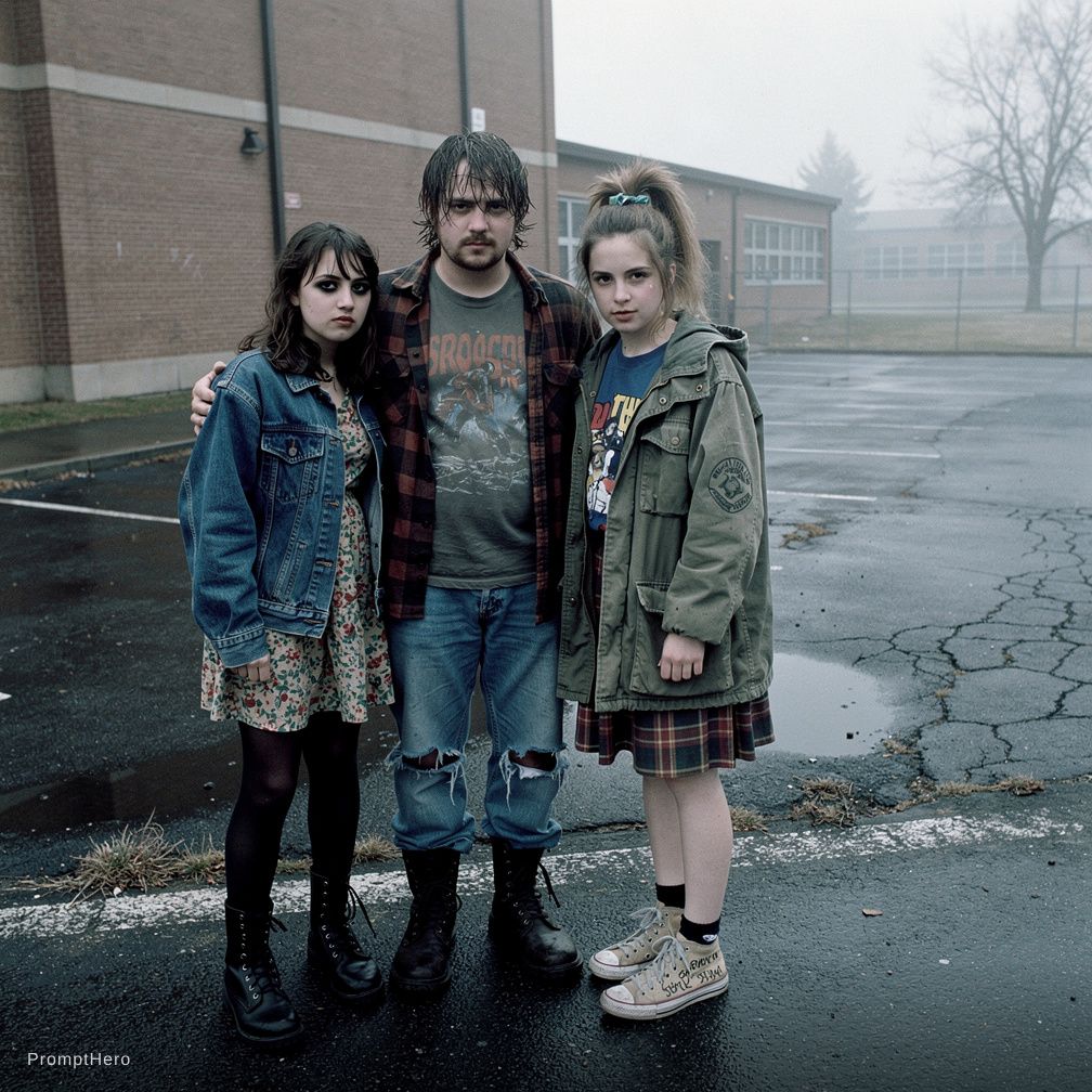 A moody, suspenseful shot of three teenagers stan...