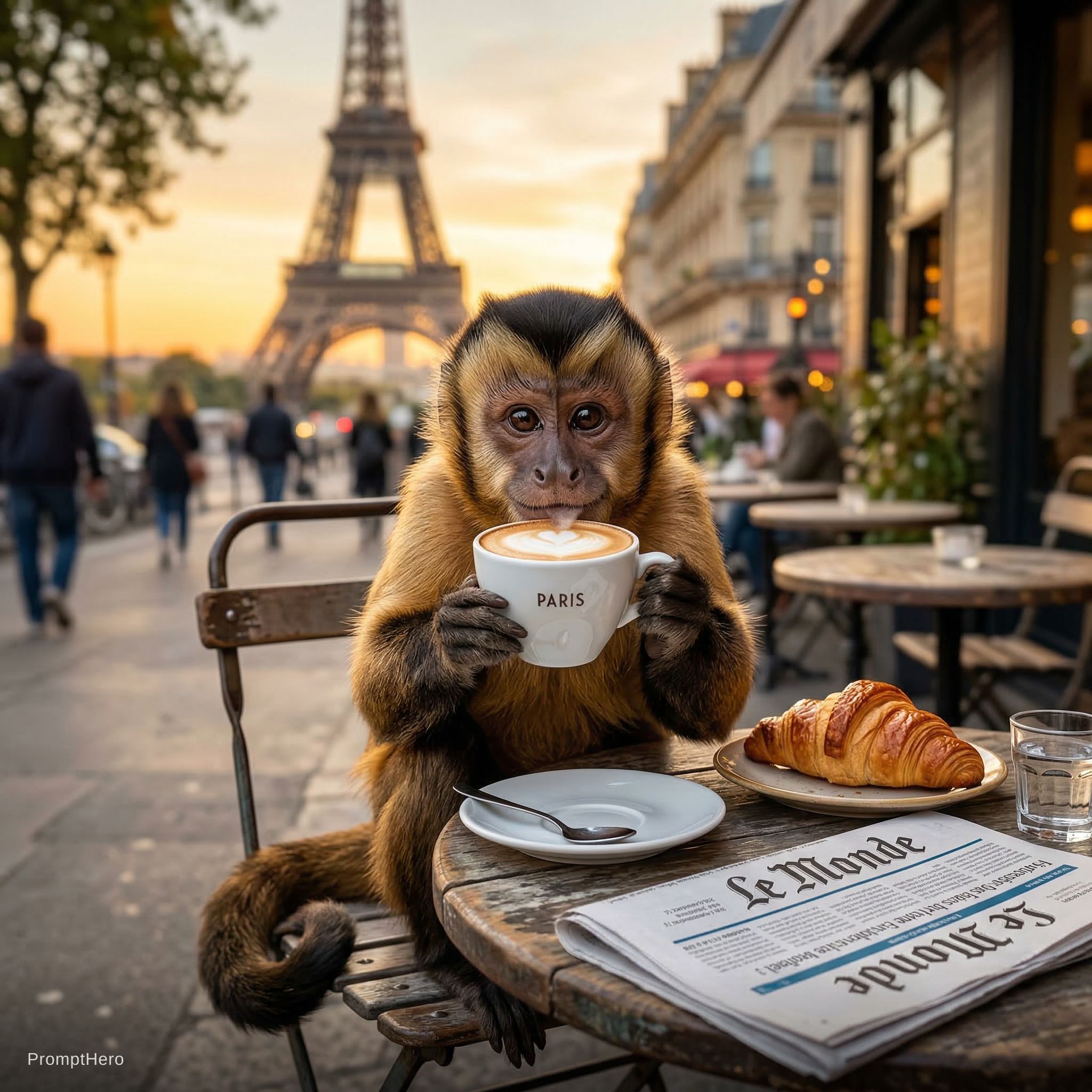 A monkey sipping a cappuccino in Paris, close-up p...