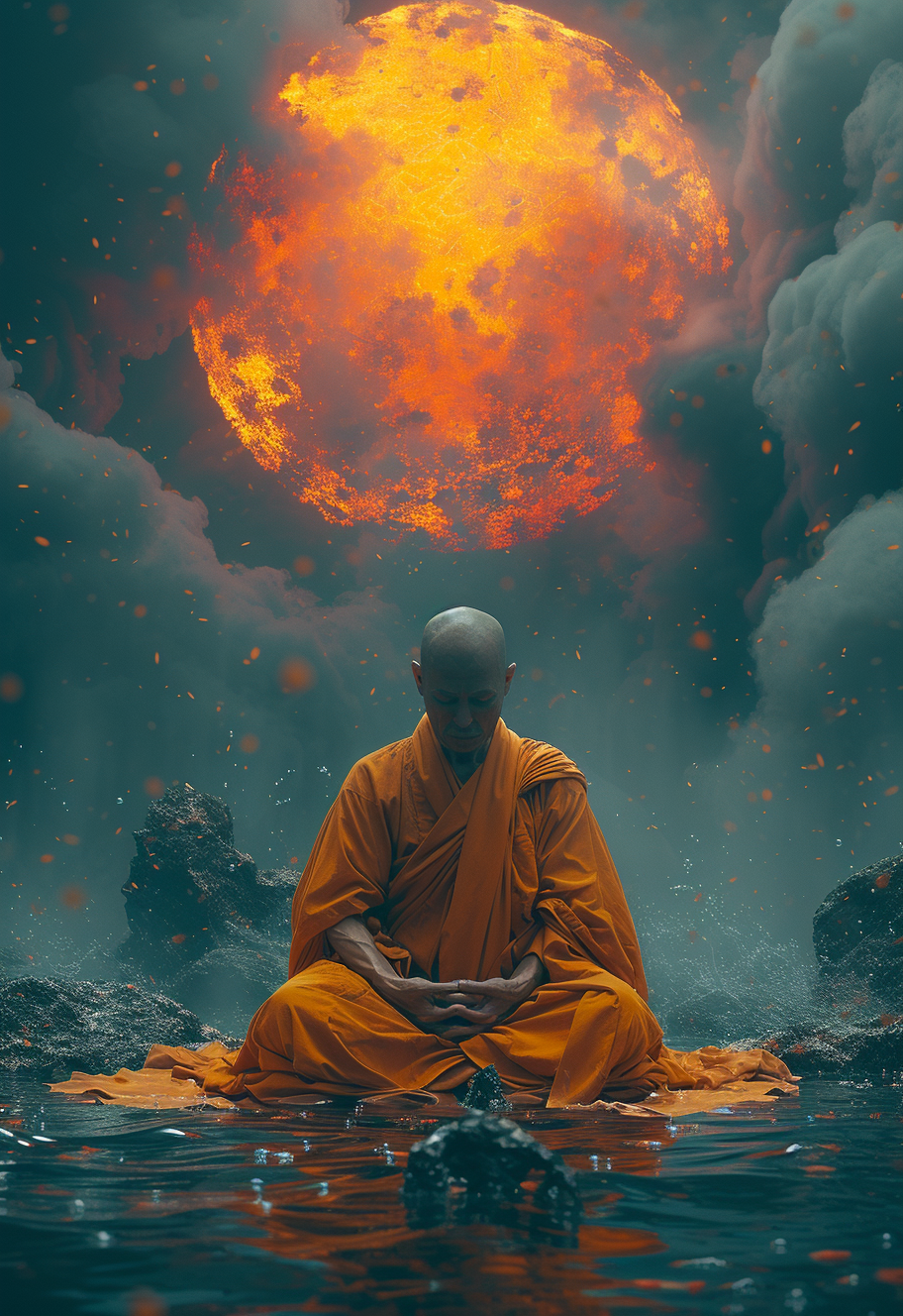a monk in orange sitting by the water