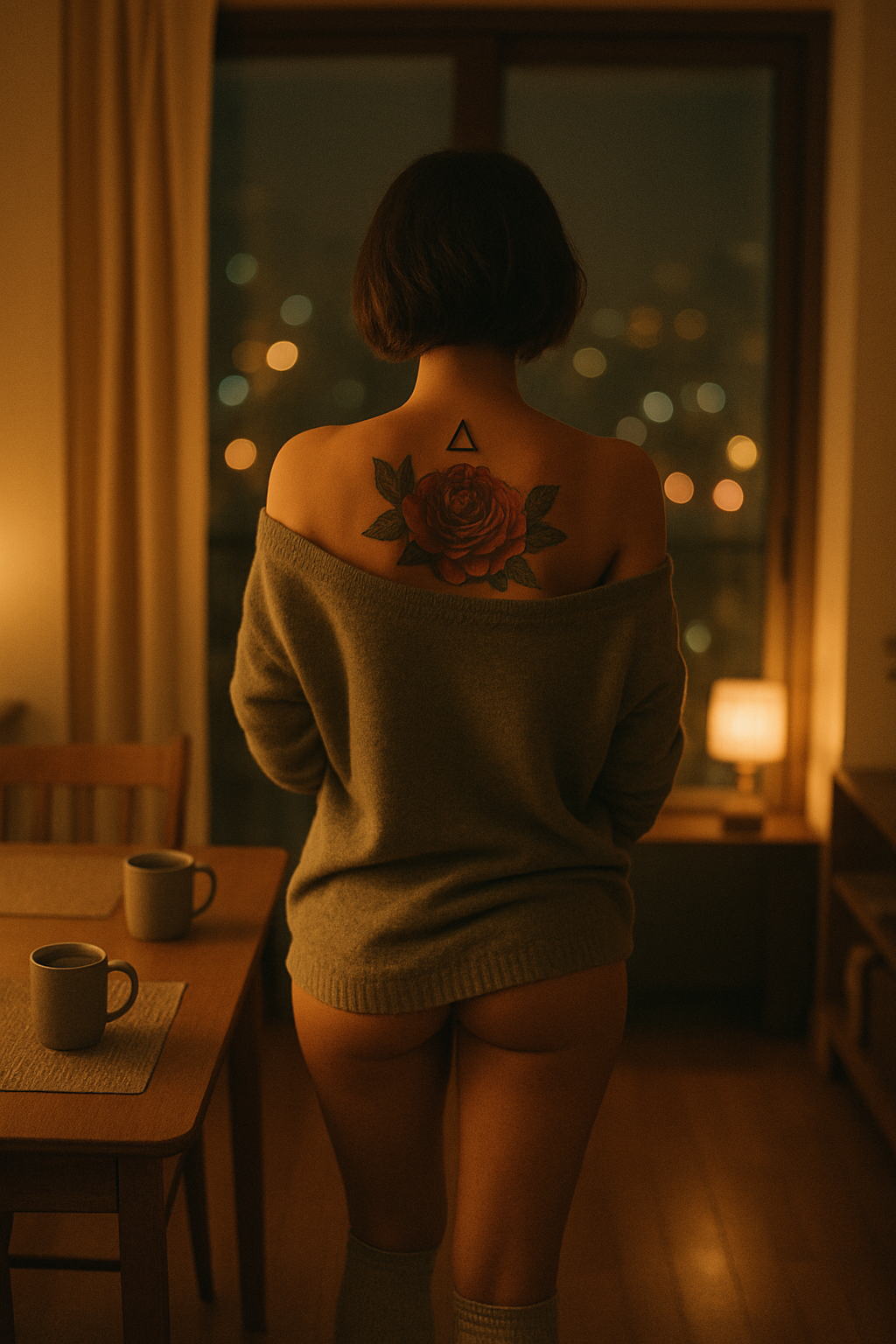 A cozy, intimate evening apartment scene. A woman ...