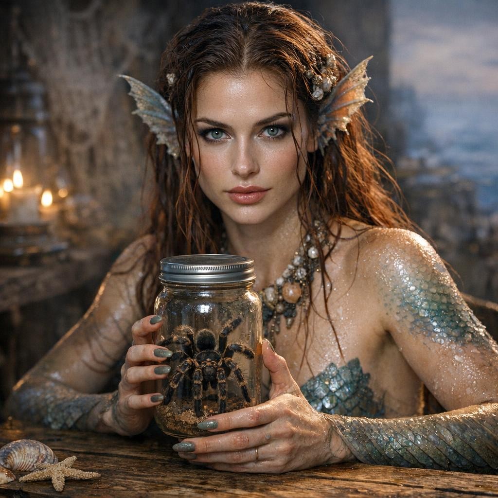 a siren sitting at a wooden table holding a mason ...
