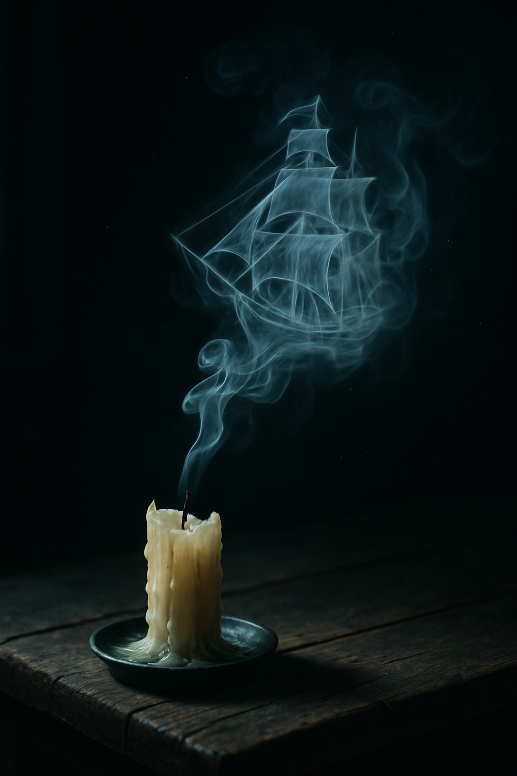 A single melted candle sits on a weathered wooden table in a dark