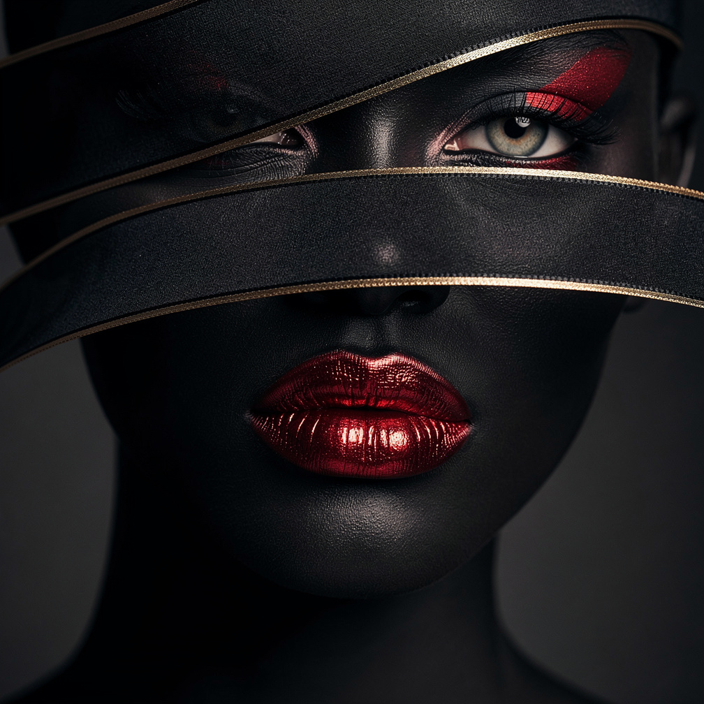 a stylized close-up portrait of a face with deep m...