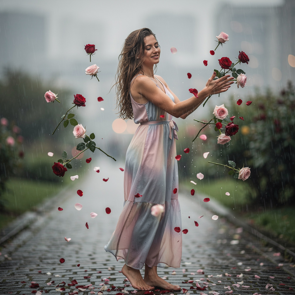 beautiful lady strewing roses and rose petals in a...