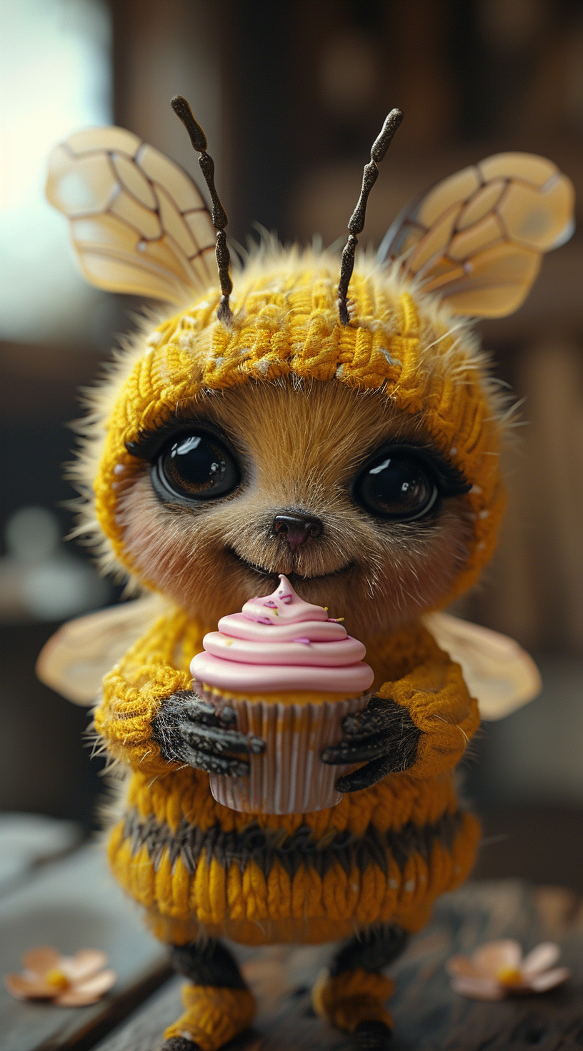 3d model of a cartoon bee in yellow outfit holding a cupcake