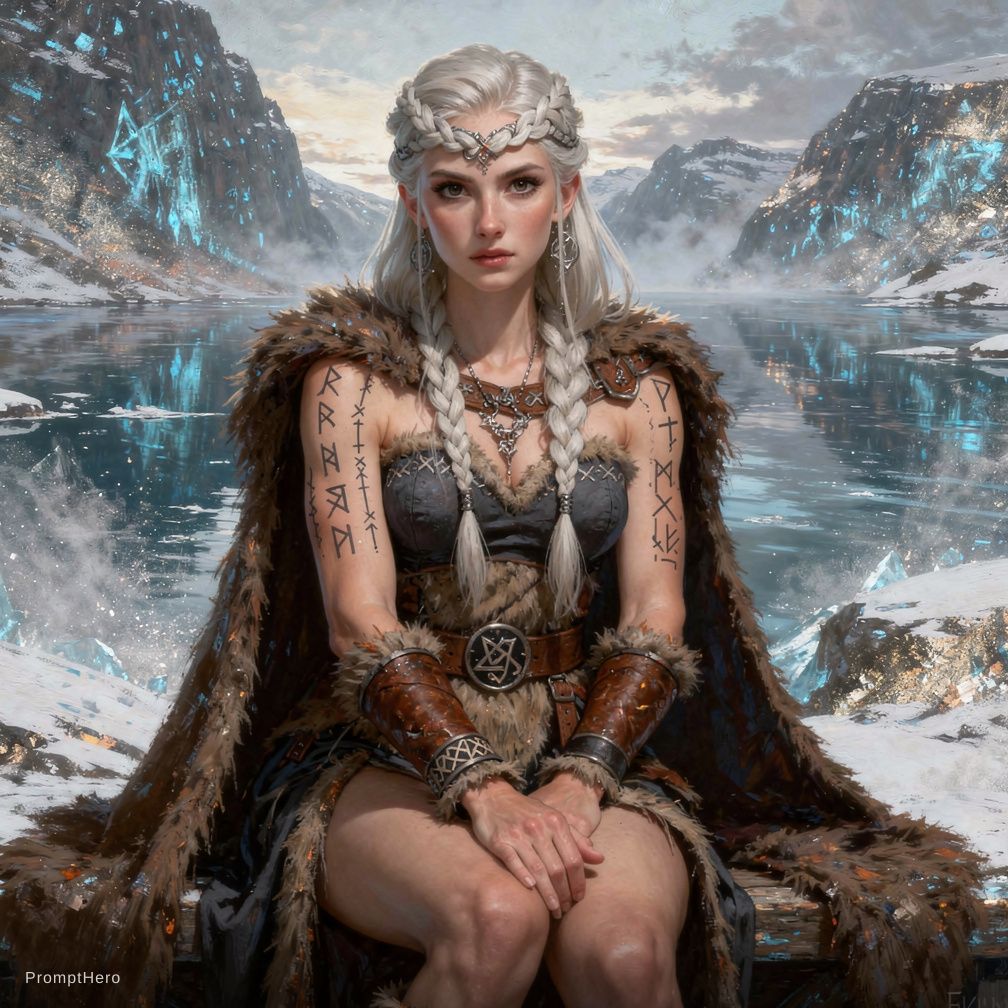 A striking Norse seeress stands in a snowy fjord, ...