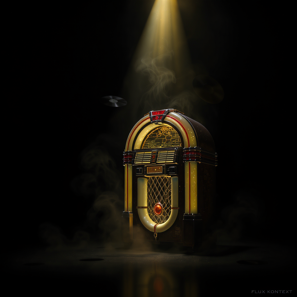 A dark cinematic studio lit by a single beam of golden light falling