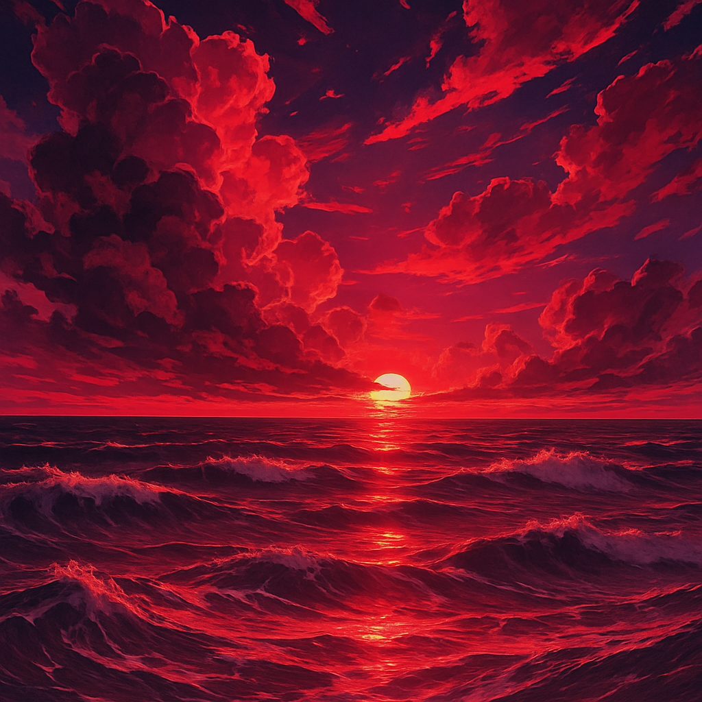 Digital anime artwork depicting a dramatic seascape at sunset
