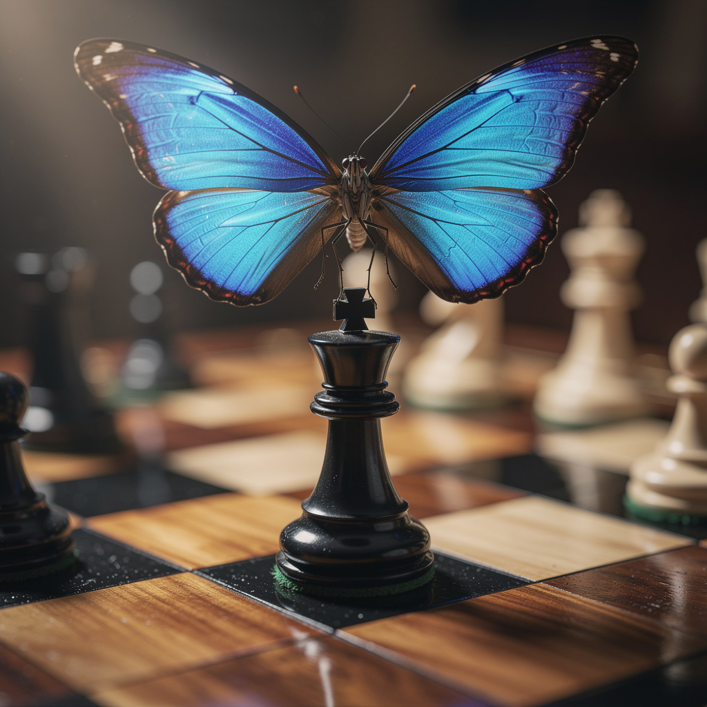 closeup of a chess board, a beautiful blue morpho ...