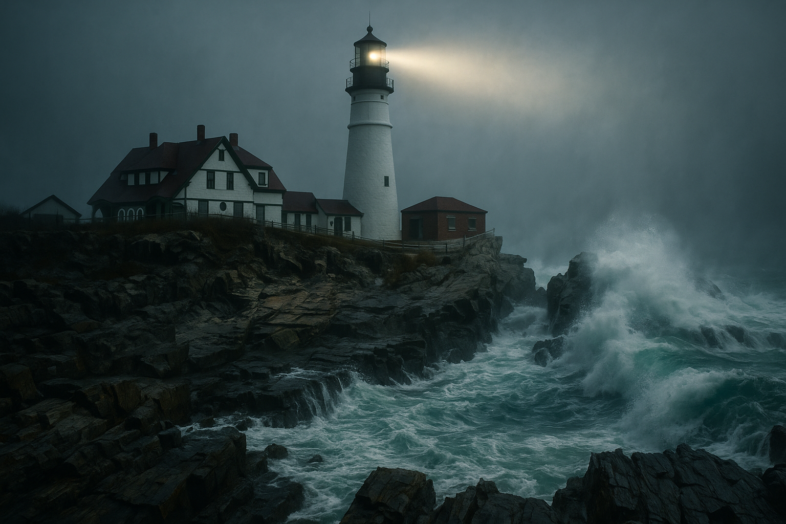 Portland Head Light on a rugged,rocky coast during a stormy day