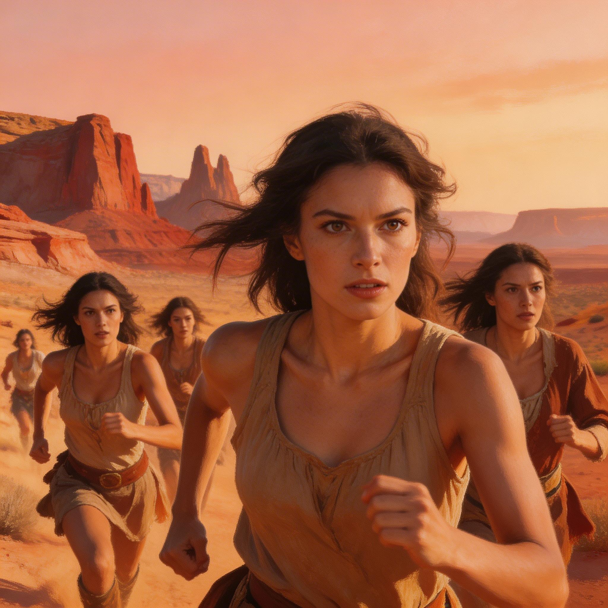 color photograph of women running, in the style of...