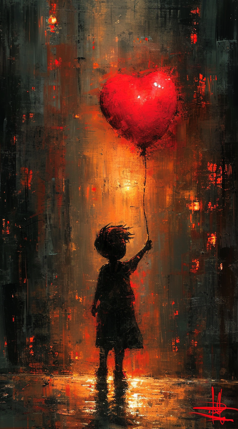 a poster depicts a boy holding a heart shaped balloon