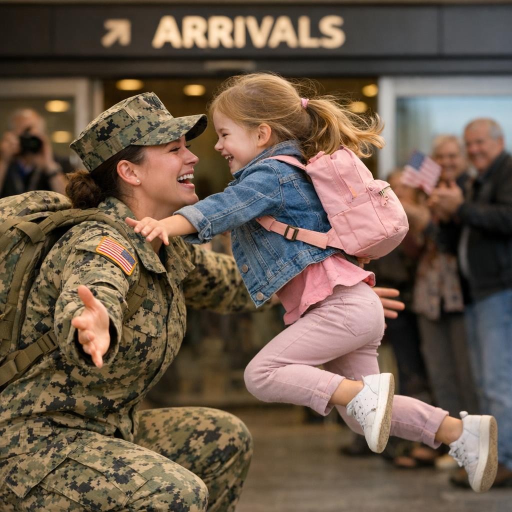 at the arriving gate of an airport, a young mother...