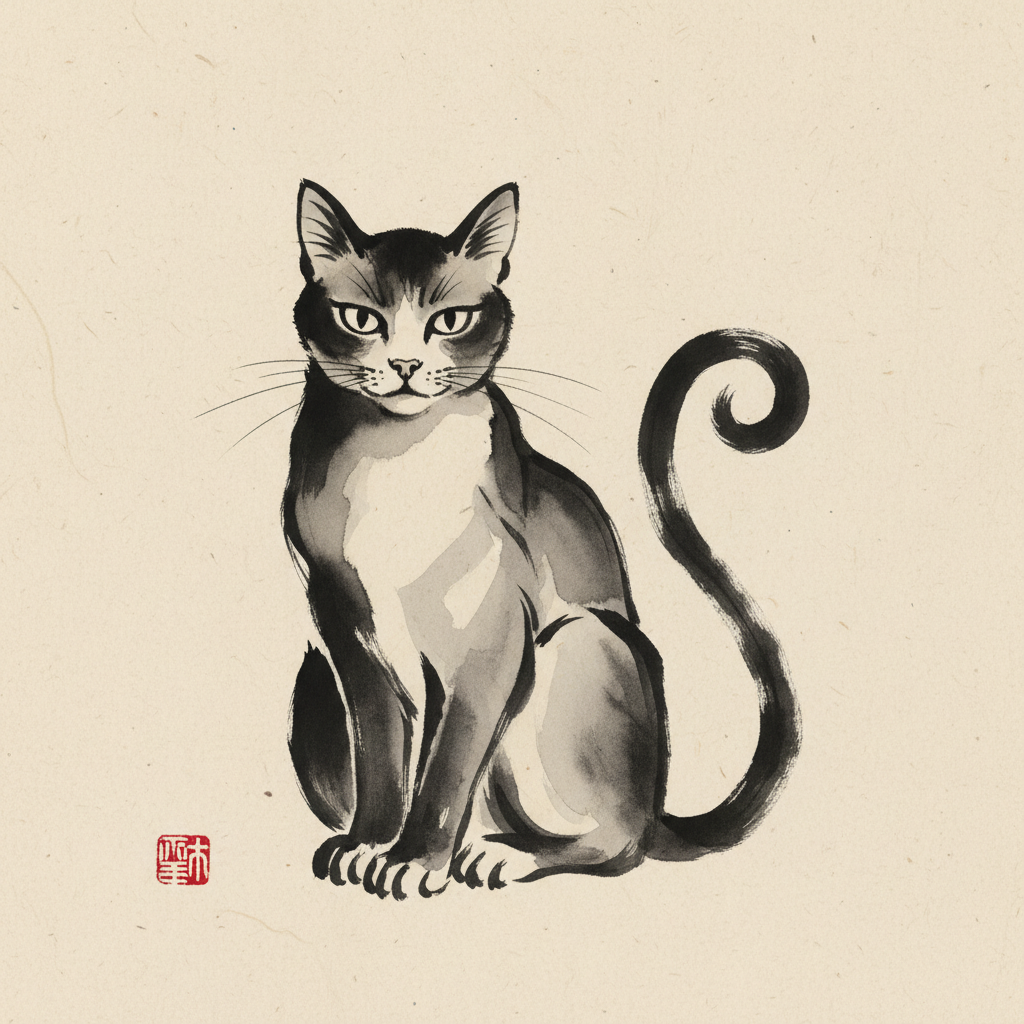 ink drawing, sitting cat, sumi-e style on paper te...