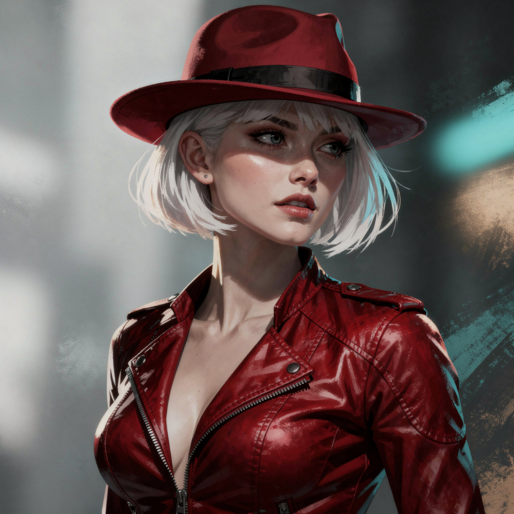 a woman with white hair wearing a tight red jacket...