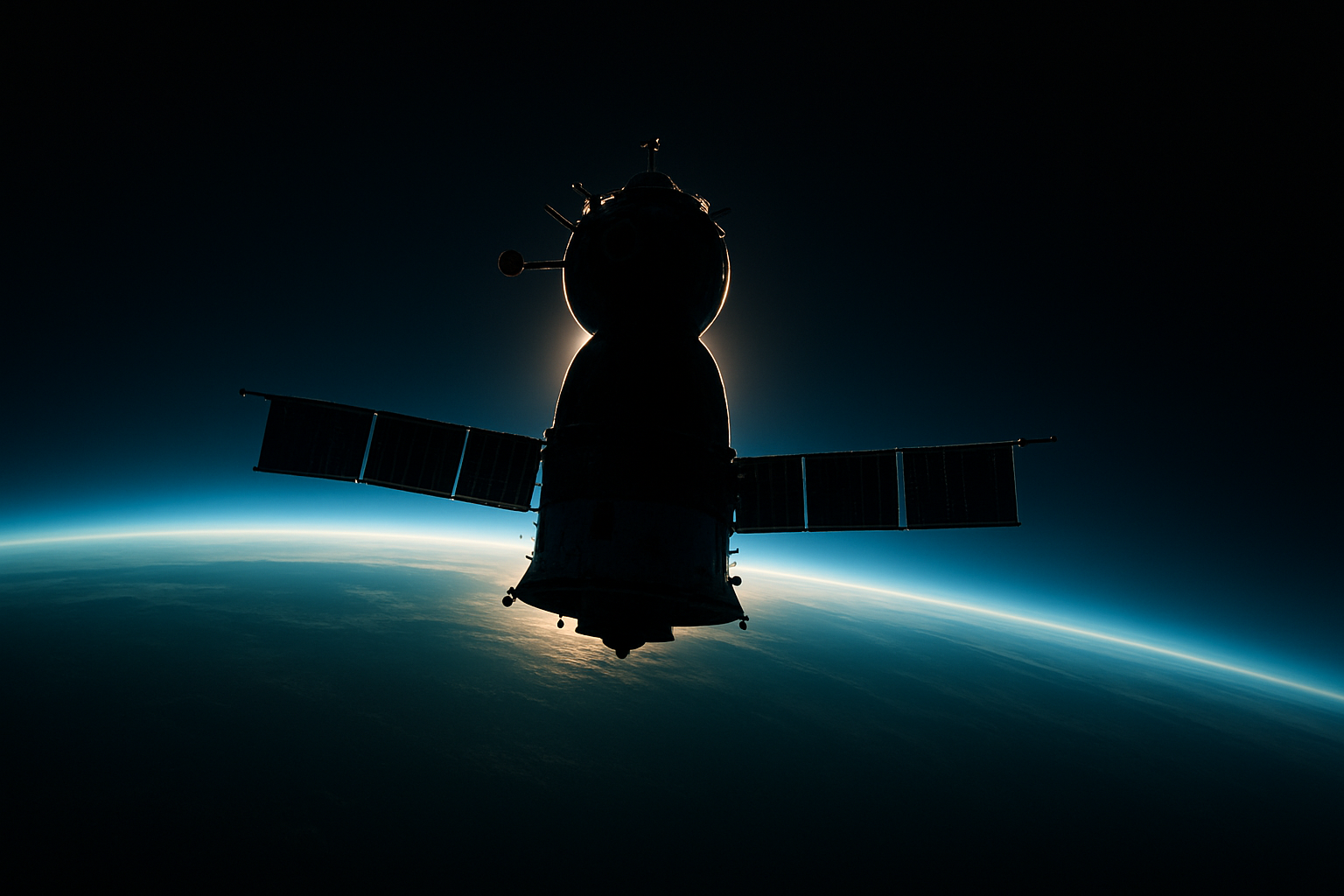 A lone Soviet-era Soyuz spacecraft orbits above Earth