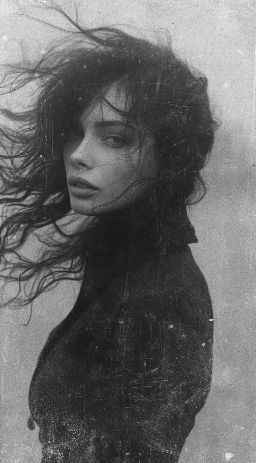 a woman with long wild hair on a windy day