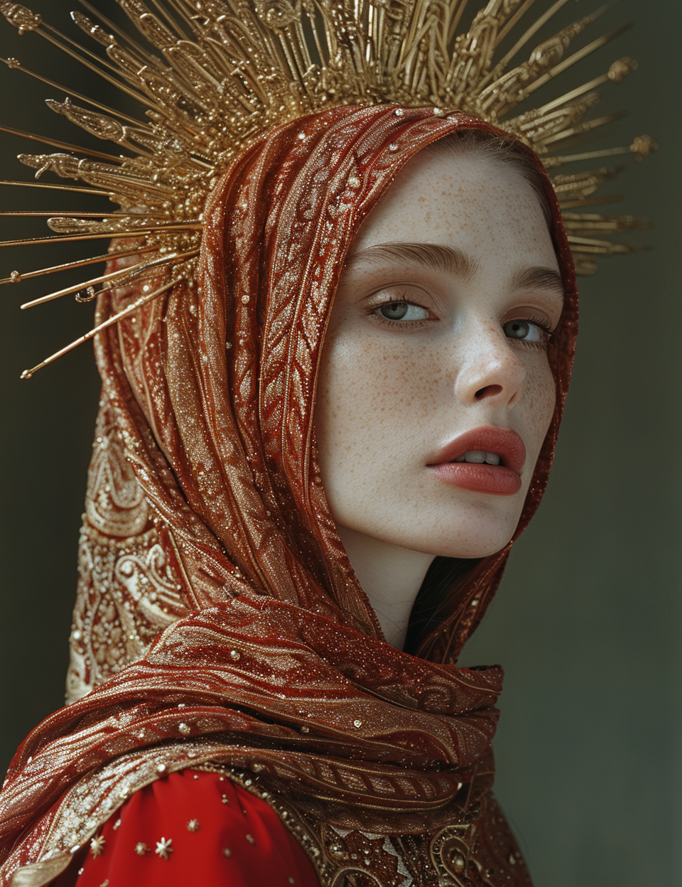 lady in red veils her face and has a large golden ...