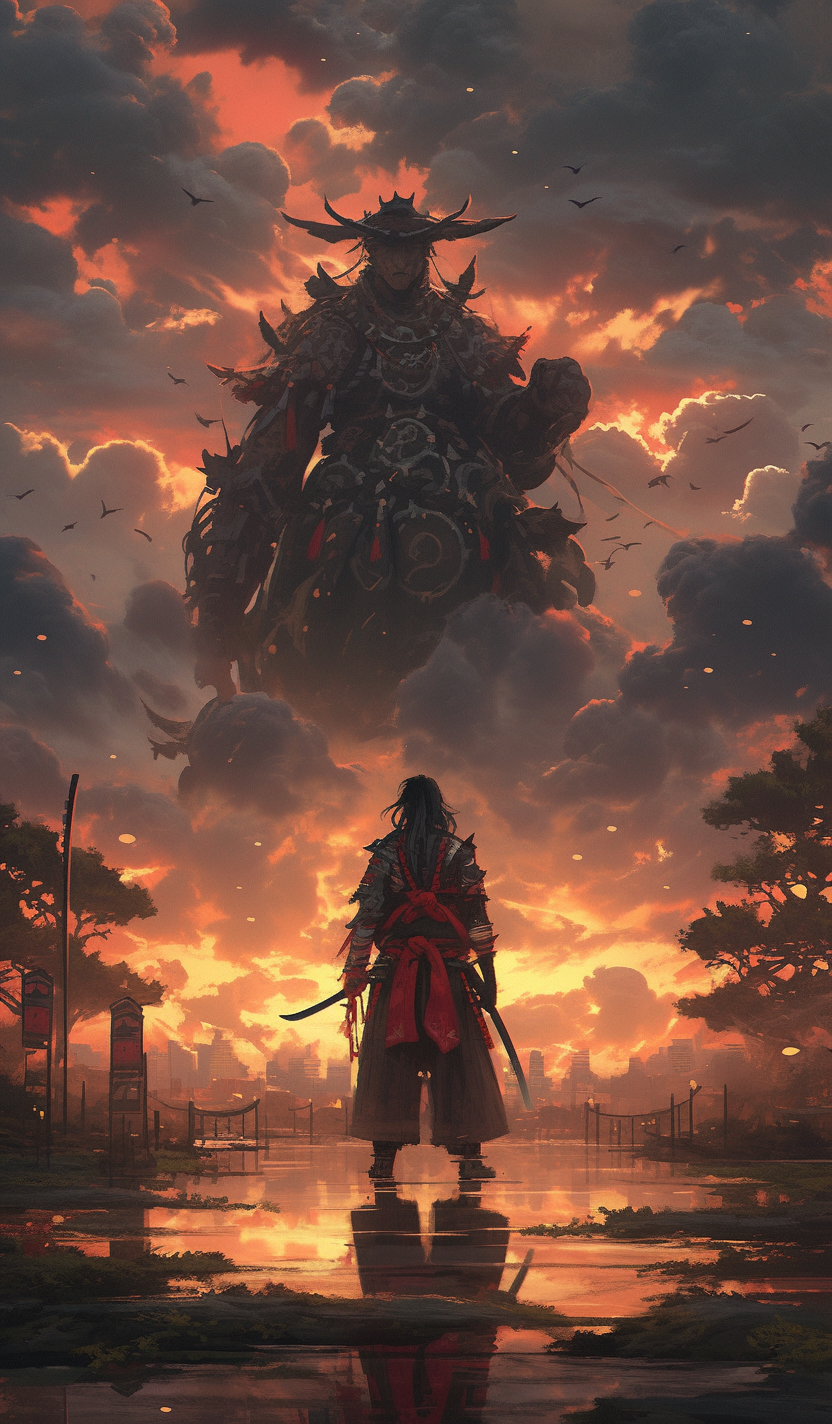 Samurai stands at sunset in japan and looks into the distance