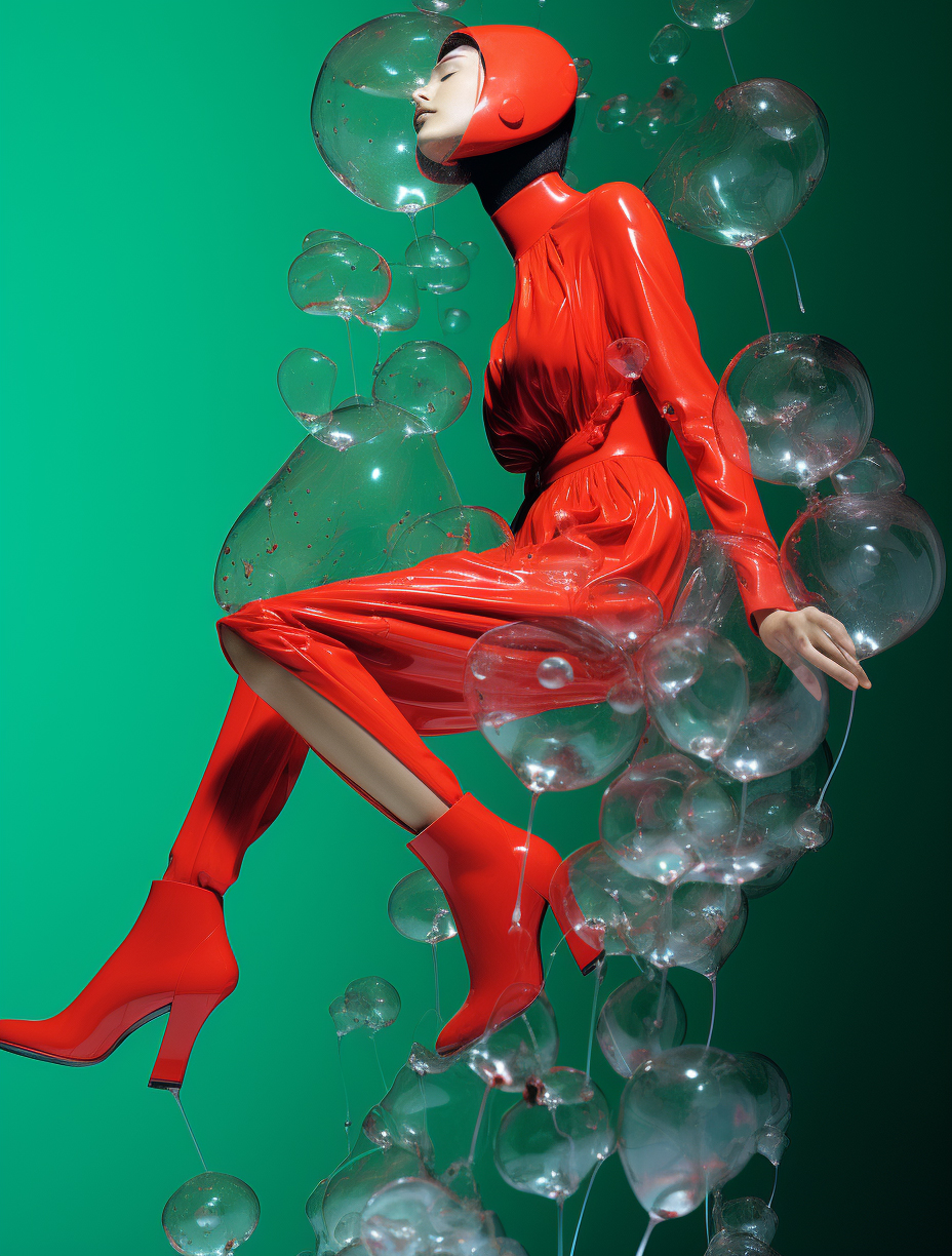 a woman in a red bodysuit and high heels