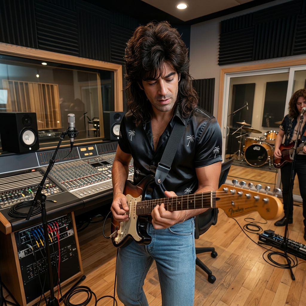 Rock guitar player in a recording session, wide le...