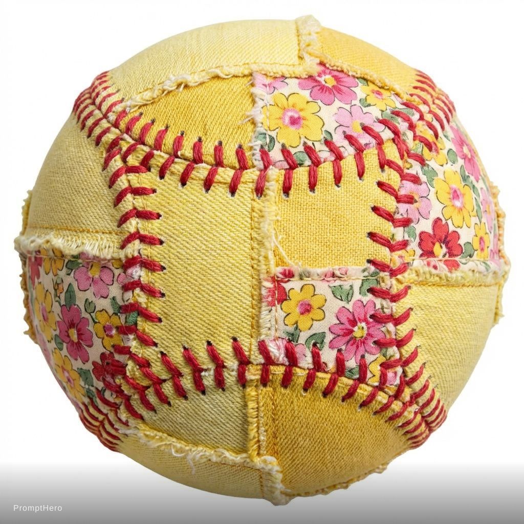 patchwork design of a softball with yellow fabric ...