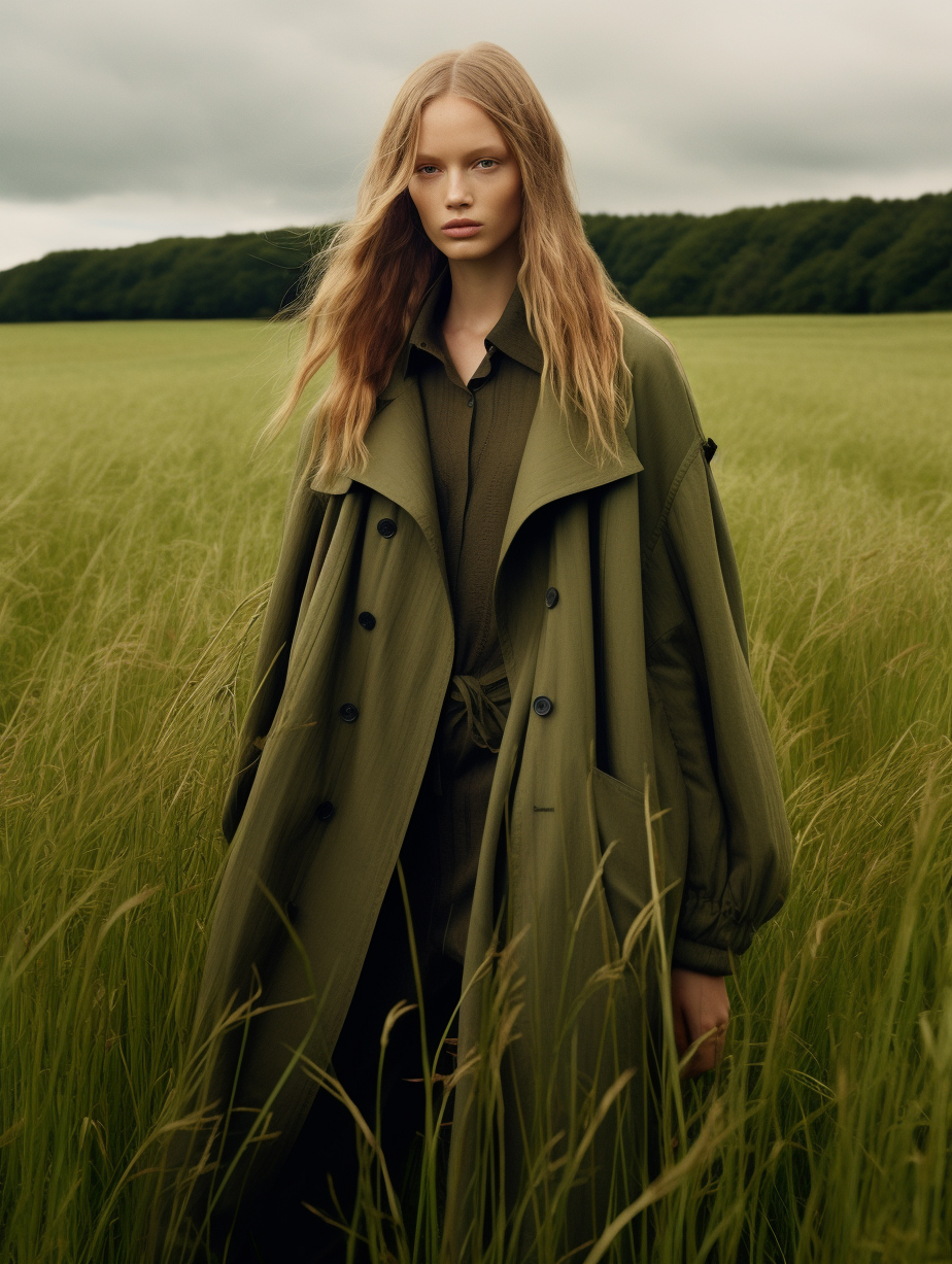 a woman walking through a lush green field, vogue ...