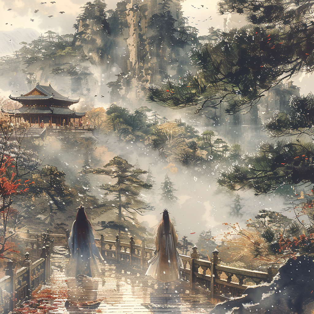 Two women walking in a Chinese garden